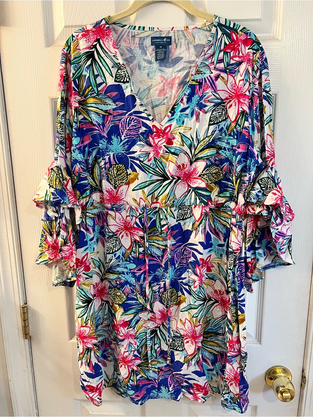 Caribbean Joe Tropical Floral Rayon Shirt - Blue, Pink, Green